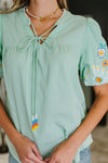 PREORDER: Embroidered Puff Sleeve V-Neck Blouse in Aqua - Maple Row Boutique
