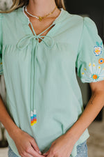 PREORDER: Embroidered Puff Sleeve V-Neck Blouse in Aqua - Maple Row Boutique