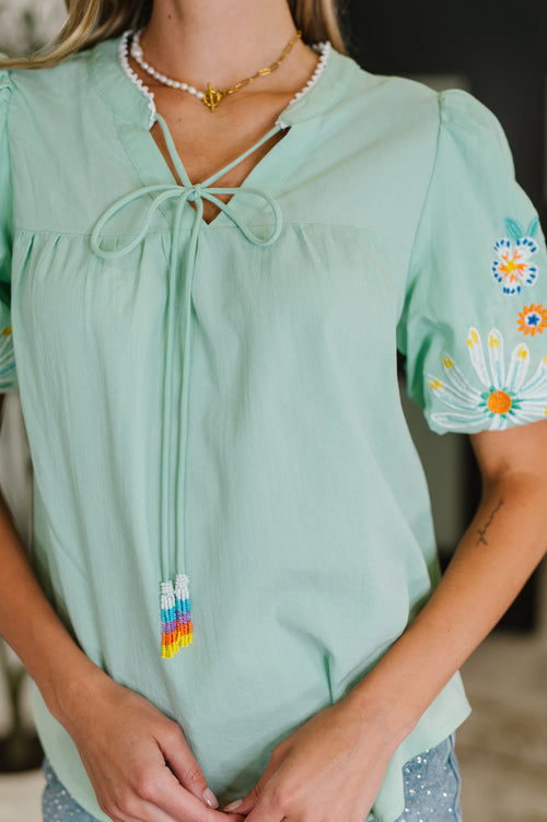 PREORDER: Embroidered Puff Sleeve V-Neck Blouse in Aqua - Maple Row Boutique