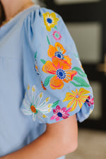 PREORDER: Embroidered Puff Sleeve V-Neck Blouse in Light Blue - Maple Row Boutique