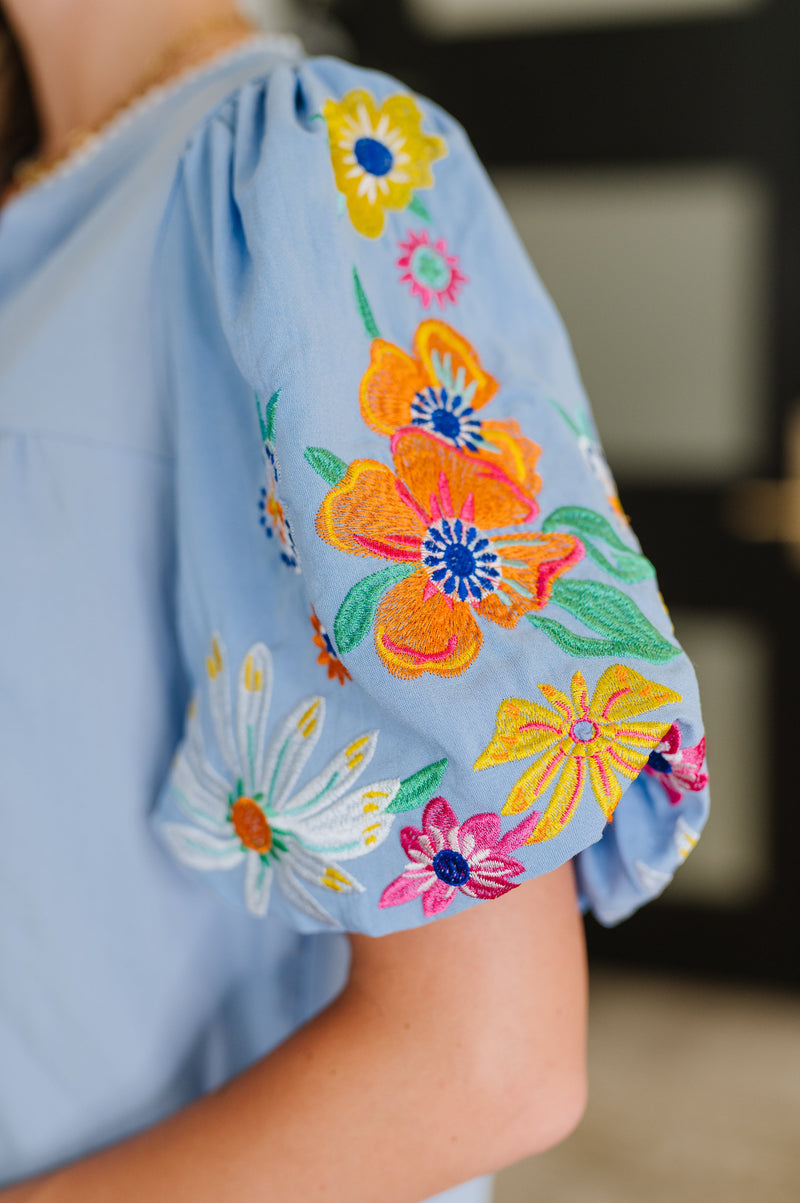 PREORDER: Embroidered Puff Sleeve V-Neck Blouse in Light Blue - Maple Row Boutique