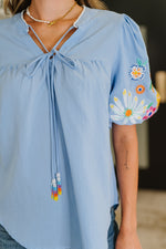 PREORDER: Embroidered Puff Sleeve V-Neck Blouse in Light Blue - Maple Row Boutique