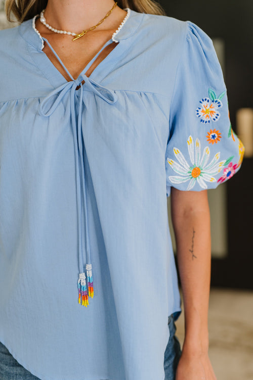 PREORDER: Embroidered Puff Sleeve V-Neck Blouse in Light Blue - Maple Row Boutique