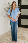 PREORDER: Embroidered Puff Sleeve V-Neck Blouse in Light Blue - Maple Row Boutique