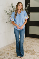 PREORDER: Embroidered Puff Sleeve V-Neck Blouse in Light Blue - Maple Row Boutique