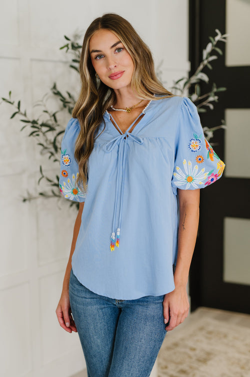 PREORDER: Embroidered Puff Sleeve V-Neck Blouse in Light Blue - Maple Row Boutique