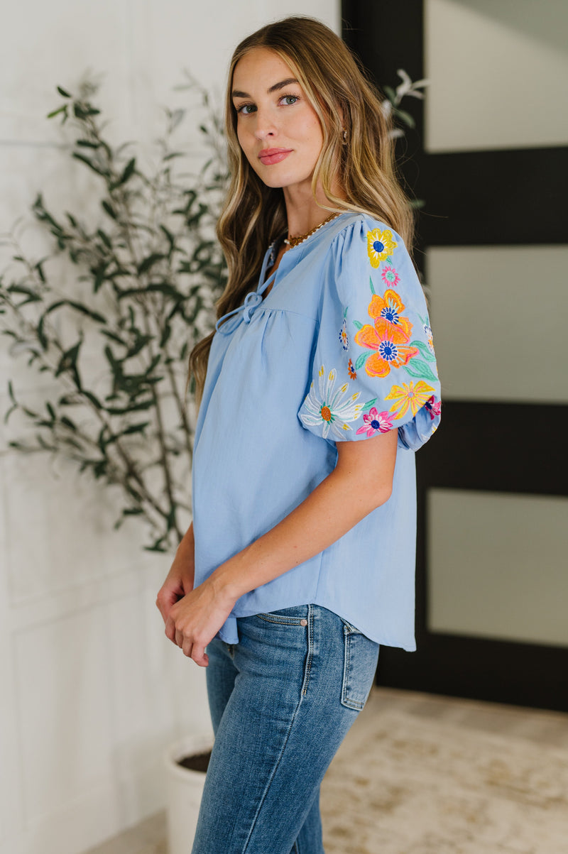 PREORDER: Embroidered Puff Sleeve V-Neck Blouse in Light Blue - Maple Row Boutique
