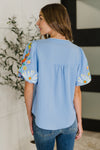 PREORDER: Embroidered Puff Sleeve V-Neck Blouse in Light Blue - Maple Row Boutique