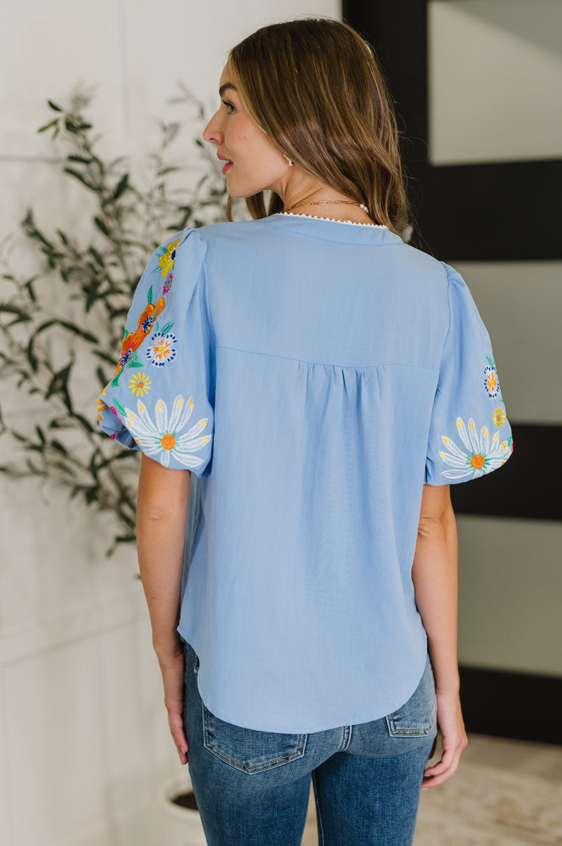 PREORDER: Embroidered Puff Sleeve V-Neck Blouse in Light Blue - Maple Row Boutique