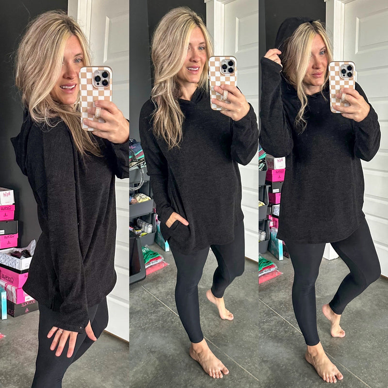 Long Sleeve Swoodie With Thumb Holes In Very Black - Maple Row Boutique 