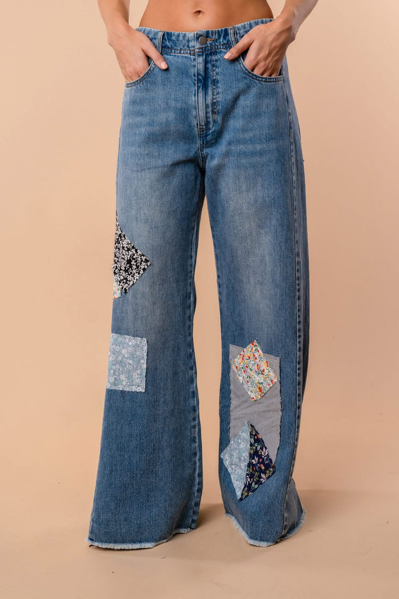 Patchwork Wide Leg Jeans - Maple Row Boutique