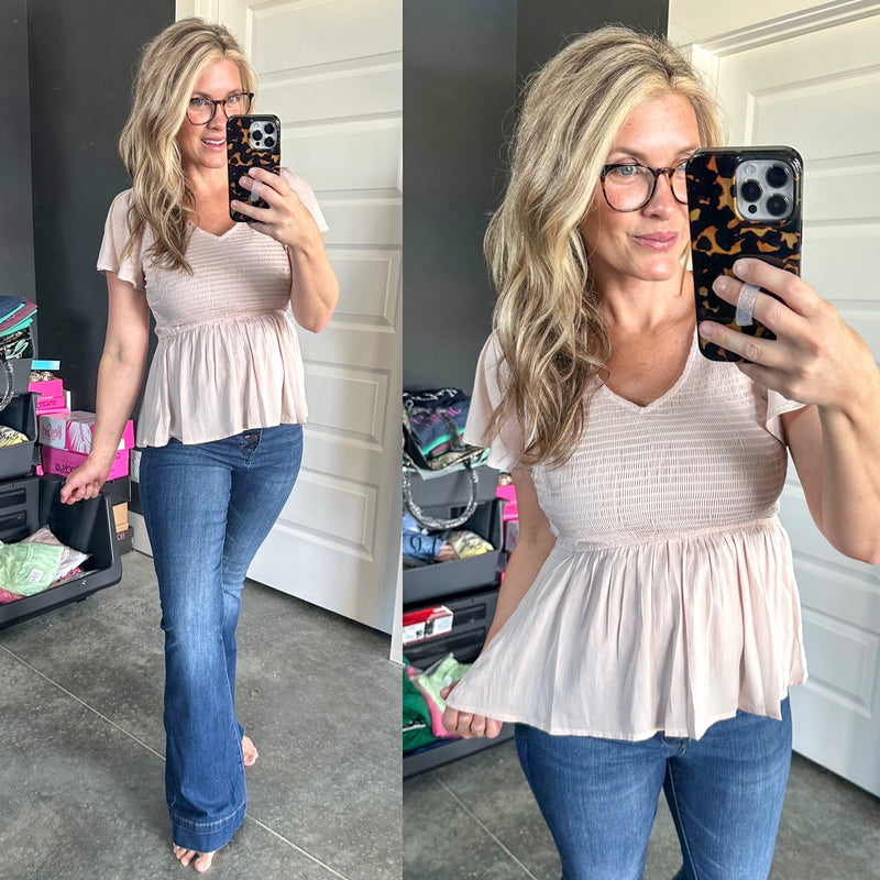V Neck Satin Smocked Babydoll Blouse In Natural - Maple Row Boutique 