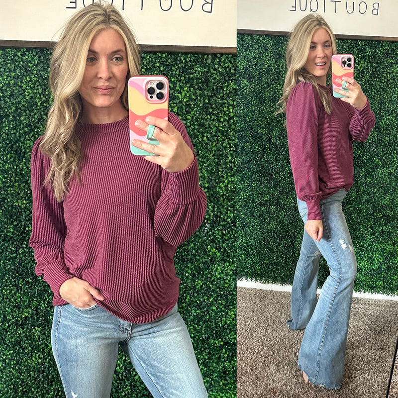When the Sun Goes Down Mineral Wash Ribbed Knit Top in Wine - Maple Row Boutique 