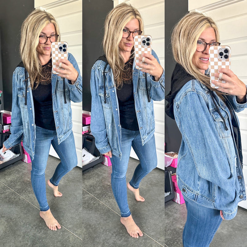 Denim Jacket With Black Detachable Hood By Risen Jeans - Maple Row Boutique 