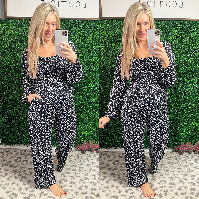 Smocked Jumpsuit In Classic Black & White Leopard - Maple Row Boutique 