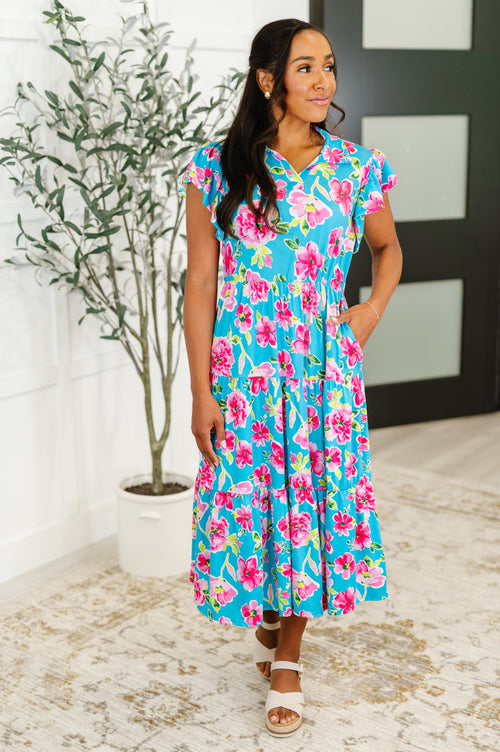 Fleurget Me Not Tiered Flutter Sleeve Dress in Aqua - Maple Row Boutique