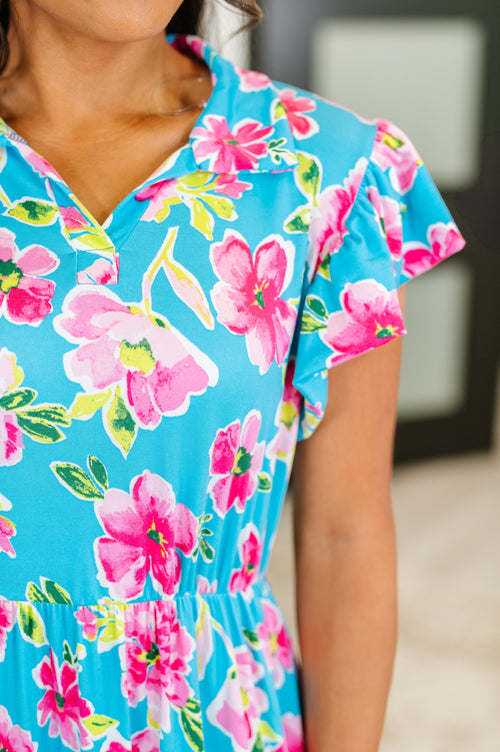 Fleurget Me Not Tiered Flutter Sleeve Dress in Aqua - Maple Row Boutique