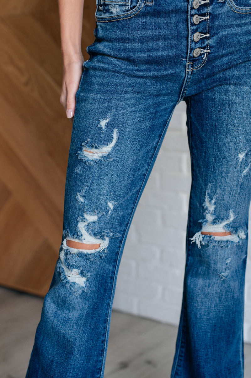 Gabriella Mid Rise Distressed Button Fly Flare - Maple Row Boutique 
