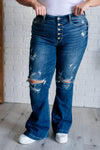 Gabriella Mid Rise Distressed Button Fly Flare - Maple Row Boutique 