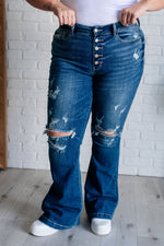Gabriella Mid Rise Distressed Button Fly Flare - Maple Row Boutique 