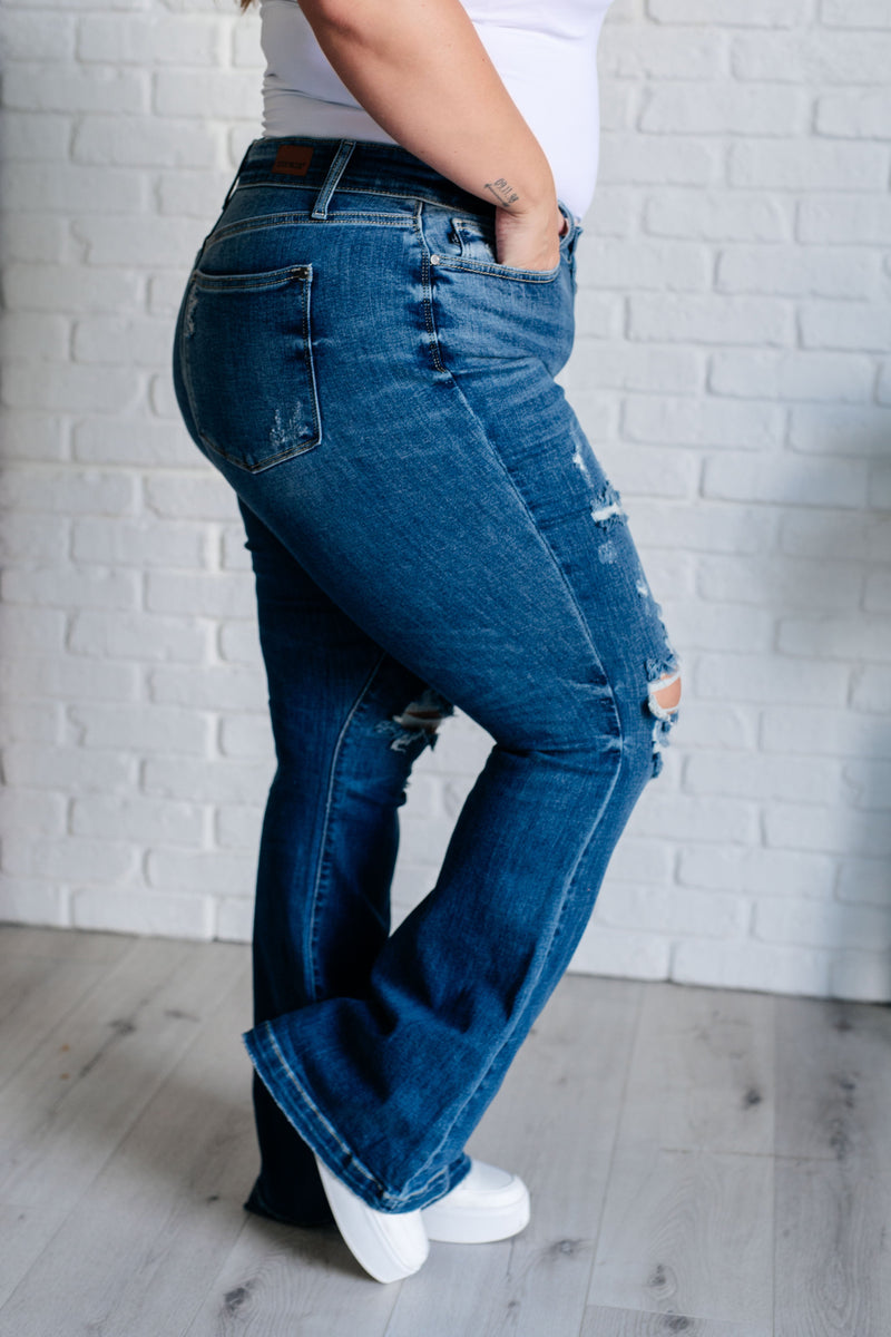 Gabriella Mid Rise Distressed Button Fly Flare - Maple Row Boutique 