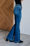 Gabriella Mid Rise Distressed Button Fly Flare - Maple Row Boutique 