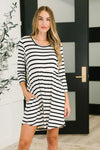 Haute Mess Scooped Hem Casual Dress in Black and White Striped - Maple Row Boutique