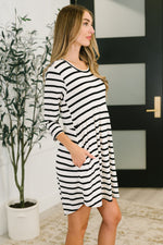 Haute Mess Scooped Hem Casual Dress in Black and White Striped - Maple Row Boutique