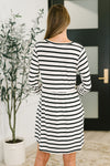 Haute Mess Scooped Hem Casual Dress in Black and White Striped - Maple Row Boutique