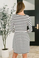 Haute Mess Scooped Hem Casual Dress in Black and White Striped - Maple Row Boutique