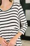 Haute Mess Scooped Hem Casual Dress in Black and White Striped - Maple Row Boutique