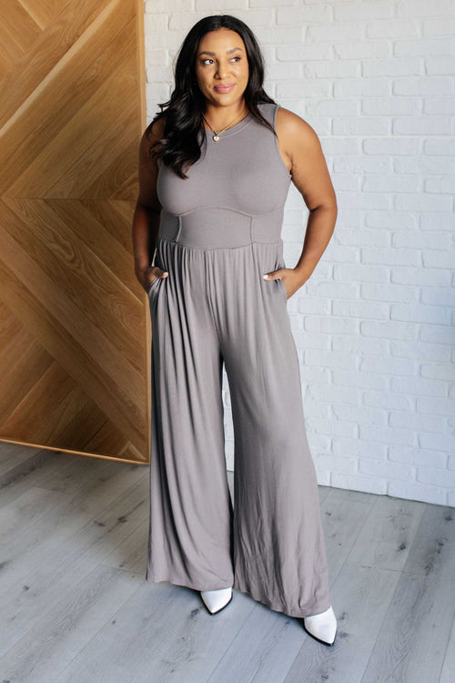 Hilary Wide Leg Jumpsuit in Grey - Maple Row Boutique 