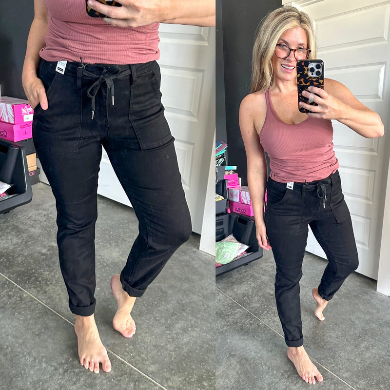 Black Denim Cuffed Joggers By Judy Blue Jeans - Maple Row Boutique 