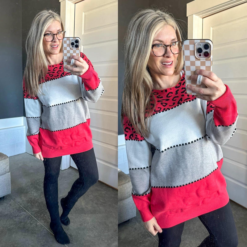 Red Leopard Colorblock Sweater - Maple Row Boutique 