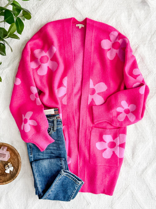 Open Front Knit Cardigan With Pockets In Hot Pink Florals - Maple Row Boutique 