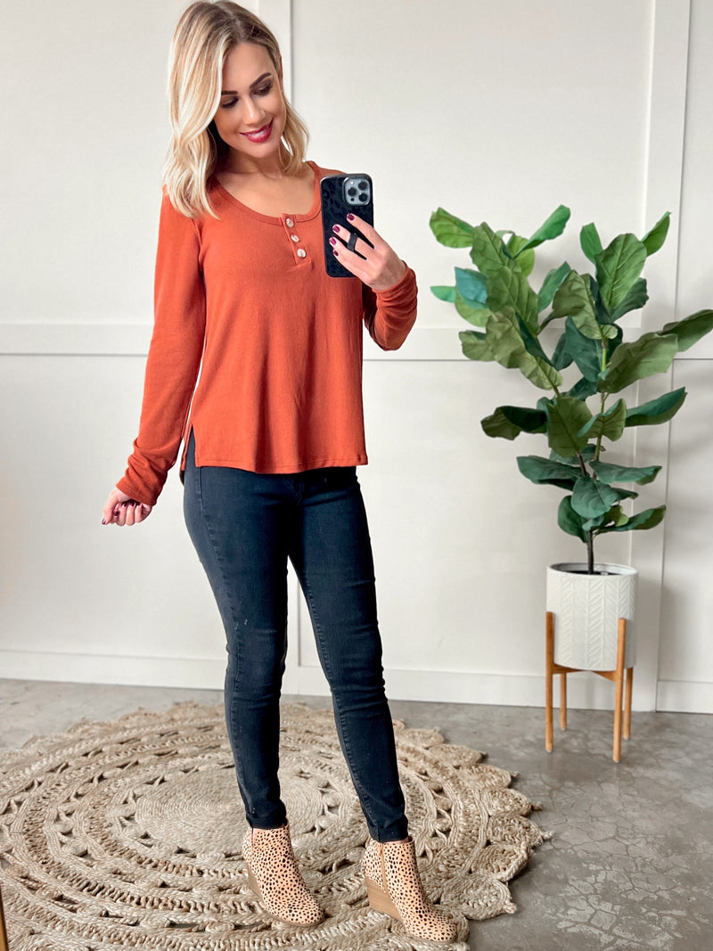 Button Front Long Sleeve Knit Henley In Pumpkin Spice - Maple Row Boutique 