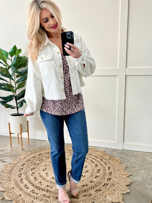 Springing Ahead Corduroy Jacket With Raw Hem In White - Maple Row Boutique 
