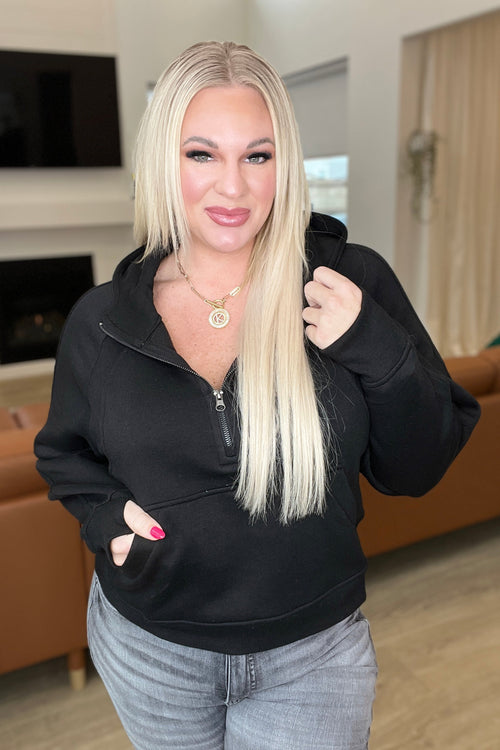 Half Zip Cropped Hoodie in Black - Maple Row Boutique