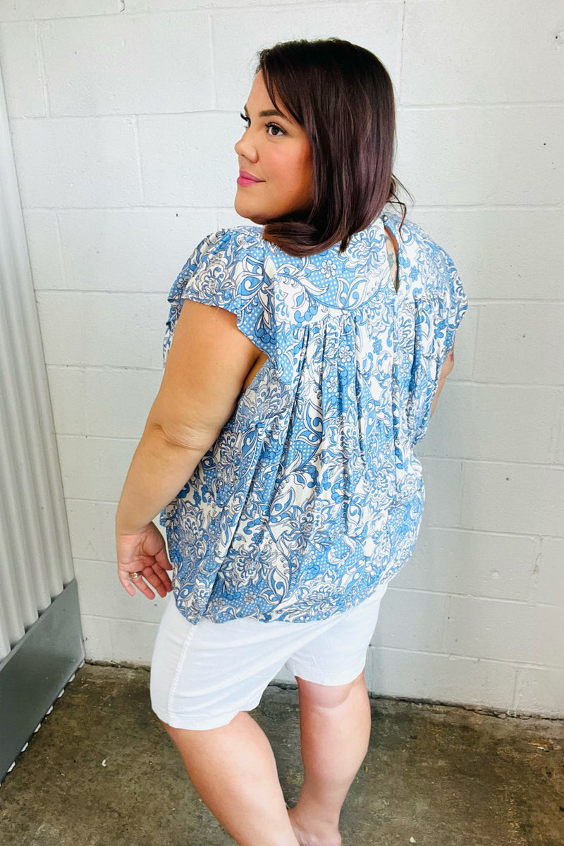 Blue & Ivory Paisley Mock Neck Flutter Sleeve Top - Maple Row Boutique 