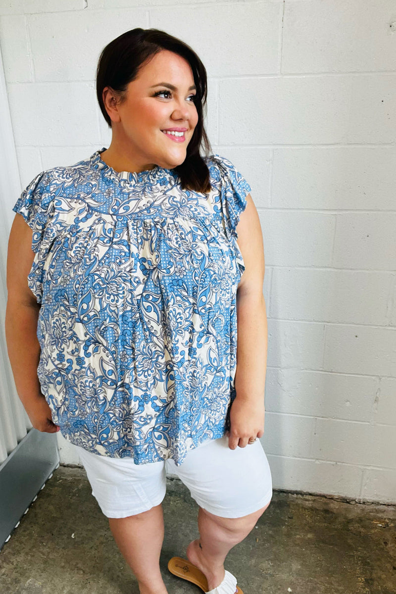 Blue & Ivory Paisley Mock Neck Flutter Sleeve Top - Maple Row Boutique 