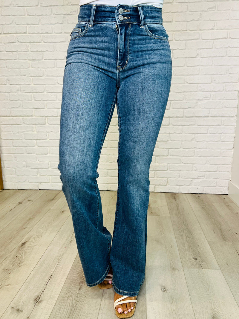 Ariana High Rise Double Button Waistband Flare Jeans - Maple Row Boutique