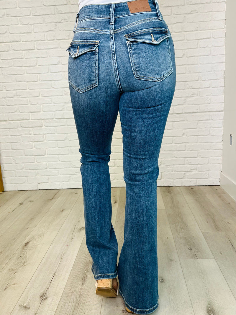 Ariana High Rise Double Button Waistband Flare Jeans - Maple Row Boutique