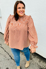 Adorable in Gingham Rust Shirred Mock Neck Top - Maple Row Boutique 