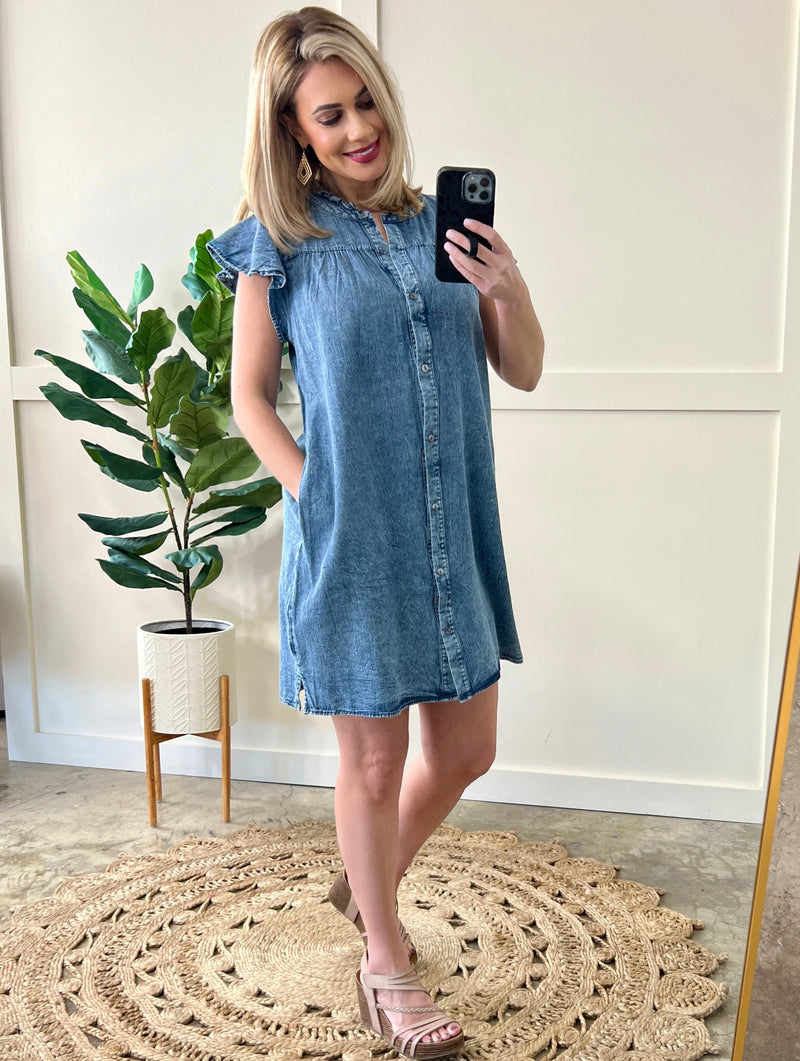 Button Down Dress In Washed Denim - Maple Row Boutique 