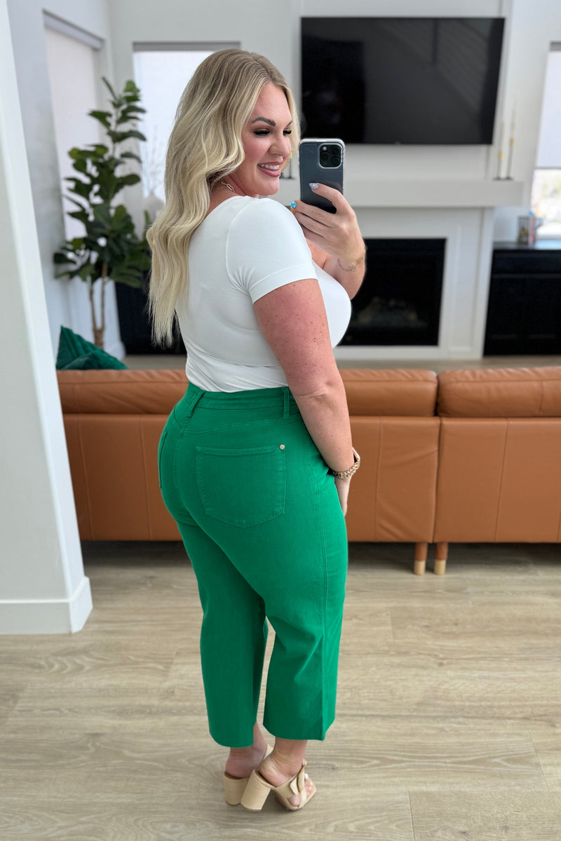 Lisa High Rise Control Top Wide Leg Crop Jeans in Kelly Green - Maple Row Boutique 