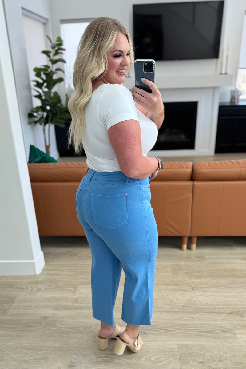 Lisa High Rise Control Top Wide Leg Crop Jeans in Sky Blue - Maple Row Boutique 