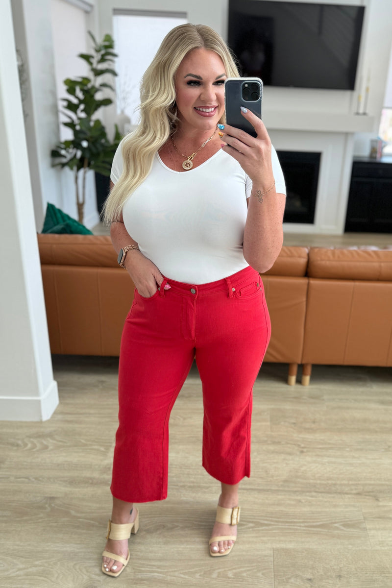 Lisa High Rise Control Top Wide Leg Crop Jeans in Red - Maple Row Boutique 