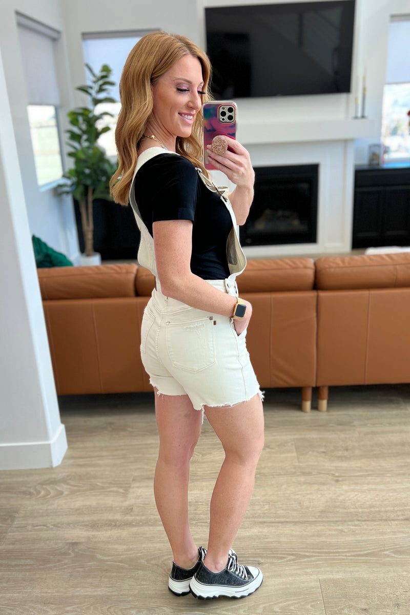 Anna High Rise Garment Dyed Cutoff Shortalls in Ecru - Maple Row Boutique