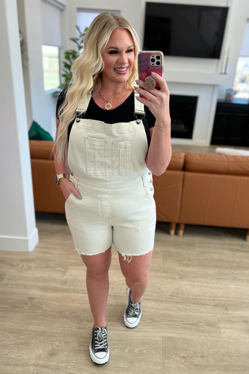 Anna High Rise Garment Dyed Cutoff Shortalls in Ecru - Maple Row Boutique