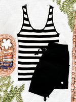 Scalloped Sleeveless Top In Black & White Stripes - Maple Row Boutique 